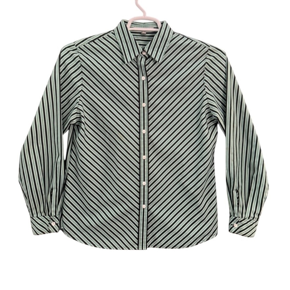 Foxcroft Wrinkle Free Shaped Fit Striped Button Down Shirt Teal Black White 8